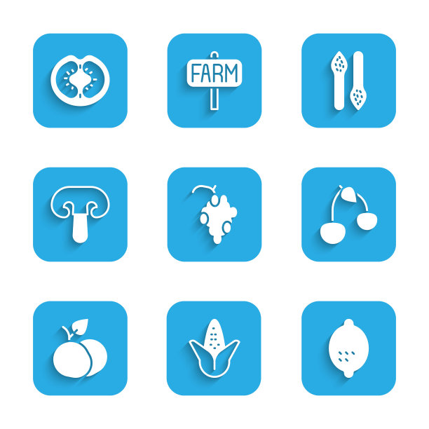 设置葡萄，玉米，柠檬，樱桃，芒果，蘑菇，芦笋和番茄图标。向量图片下载