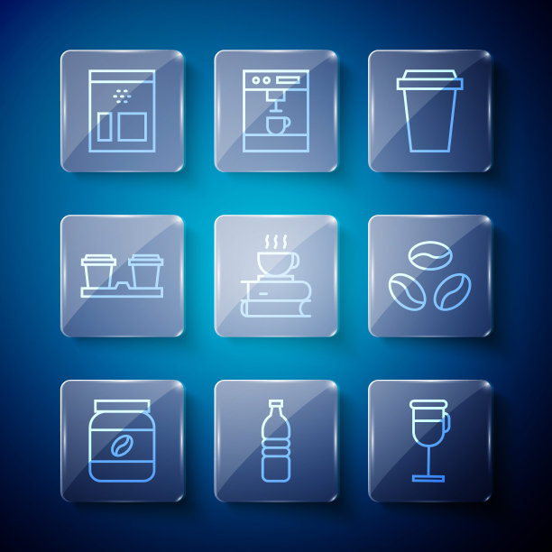 集咖啡罐瓶、瓶装水、爱尔兰咖啡、杯去、书、袋豆和图标。向量图片下载