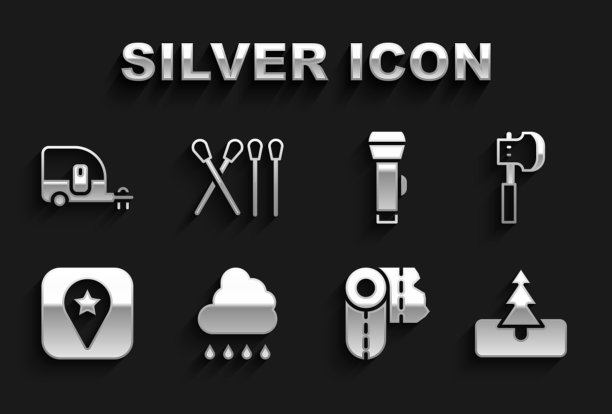 集云与雨，木斧，树，纸巾卷，露营位置，手电筒，房车露营拖车和火柴棒图标。向量图片下载