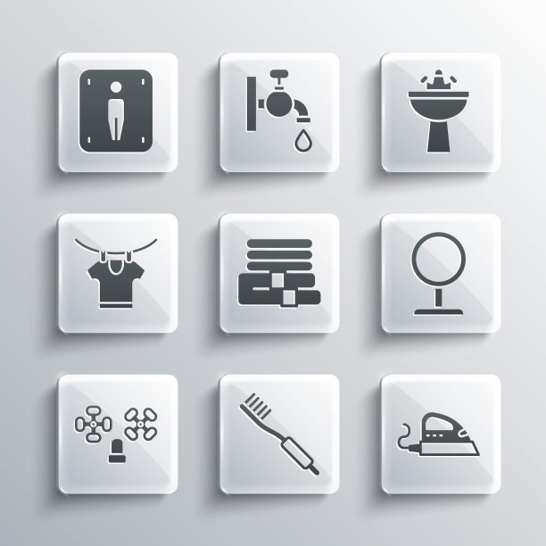 配有牙刷，电熨斗，圆化妆镜，毛巾堆，水龙头，干衣，男厕所和带水图标的脸盆。向量图片下载