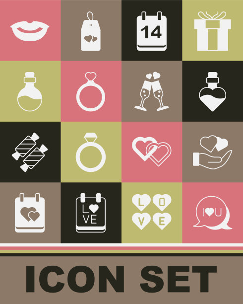集语音泡泡文字我爱你，心在手中，瓶子与药水，日历二月十四日，结婚戒指，微笑的嘴唇和香槟的玻璃杯图标。向量图片下载