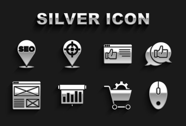 设置板，图表，客户产品评级，电脑鼠标，购物车，浏览器窗口，SEO优化和目标体育图标。向量图片下载