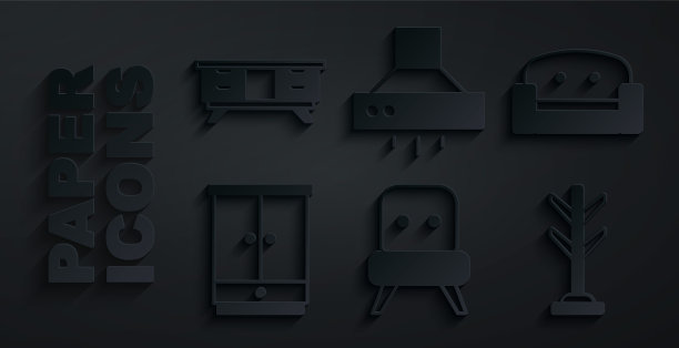 集扶手椅，衣柜，外套架，厨房抽风机和电视桌图标。向量图片下载