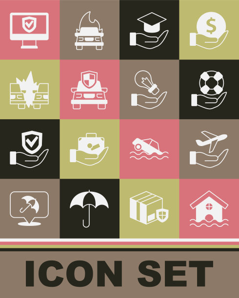 集房子洪水，飞机在手，救生圈，教育补助金，汽车保险，事故，保险在线和灯泡图标。向量图片下载