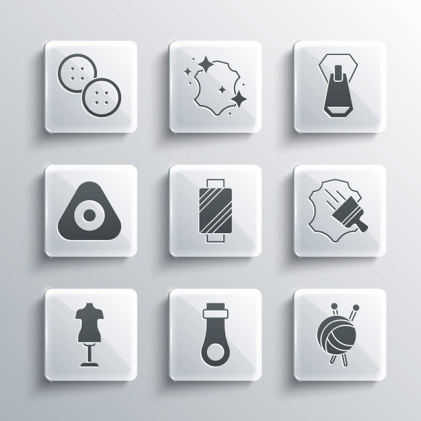 集拉链，纱线球与针织针，皮革，缝纫线对线轴，人体模型，粉笔，按钮和图标。向量图片下载