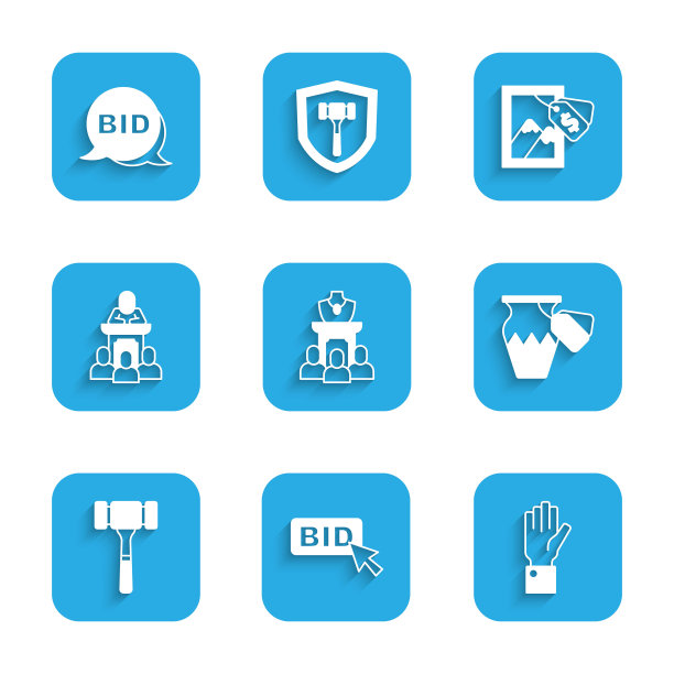 拍卖珠宝拍卖、投标、手持拍卖、古代花瓶、锤子、拍卖师售卖和绘画图标图片下载