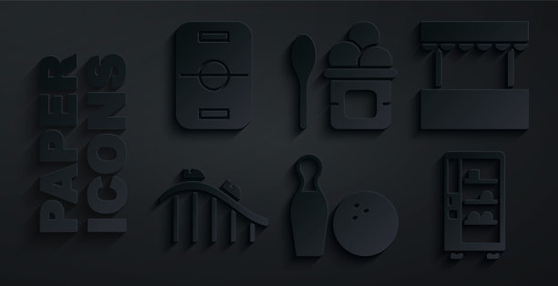 设置保龄球瓶和球，门票票房，过山车，自动售货机，冰淇淋碗和曲棍球桌的图标。向量图片下载