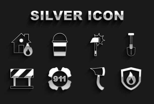 设置紧急呼叫911，消防铲，防护罩，消防斧，道路障碍，在燃烧的房子和桶图标。向量图片下载