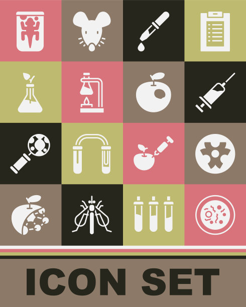 设置细菌培养皿，生物危害标志，注射器，移液管，试管烧瓶在火上，植物育种，实验动物和转基因苹果图标。向量图片下载