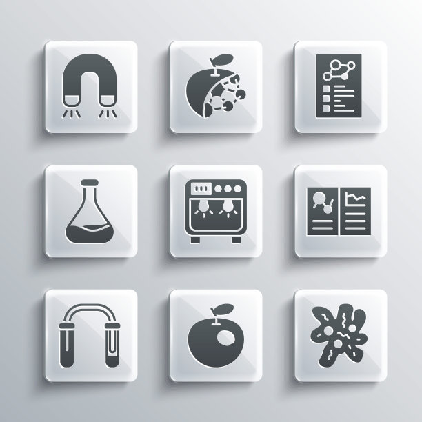 集转基因苹果，细胞，临床记录，生物安全箱，试管和烧瓶，磁铁和图标。向量图片下载