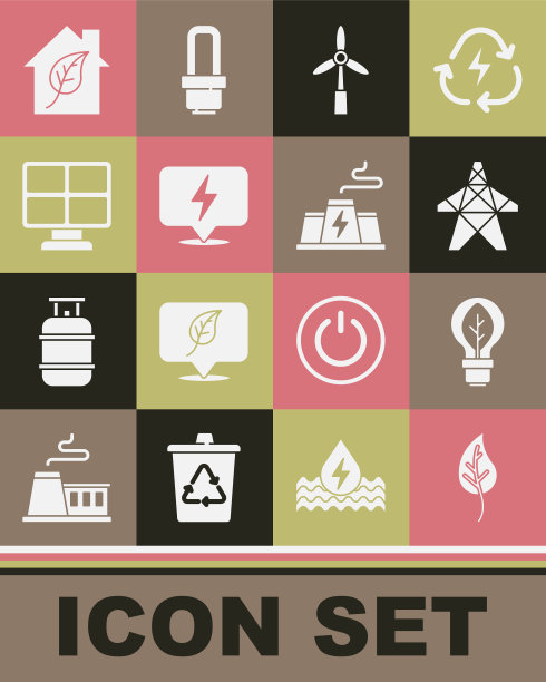 集叶子或叶子，带叶子的灯泡，电塔，风力涡轮机，闪电螺栓，太阳能电池板，环保房屋和发电厂工厂图标。向量图片下载