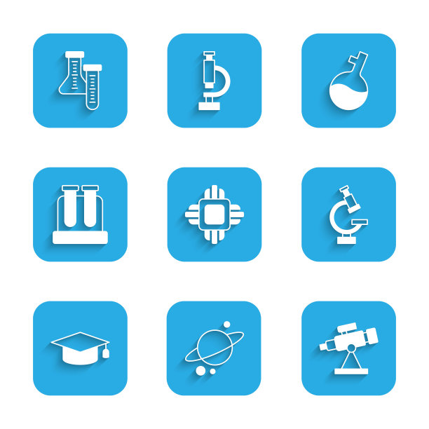 设置处理器CPU，行星土星，望远镜，显微镜，毕业帽，试管，和图标。向量图片下载