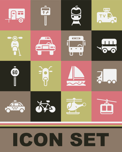 集缆车，送货卡车，狂野西部篷车，火车和铁路，警察闪光灯，摩托车，Rv露营拖车和公共汽车图标。向量图片下载