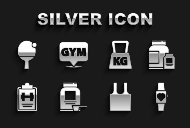 设置运动营养，智能手表，无袖t恤，训练计划，重量，球拍和球和位置健身房图标。向量图片下载