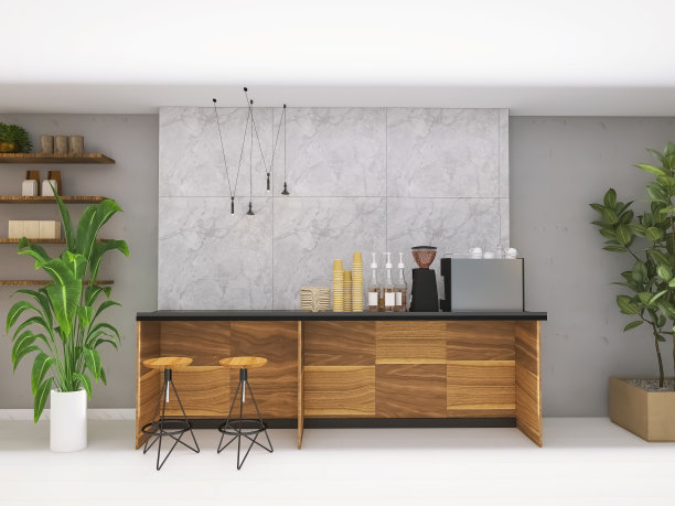 咖啡馆室内3d渲染，3d插图图片下载