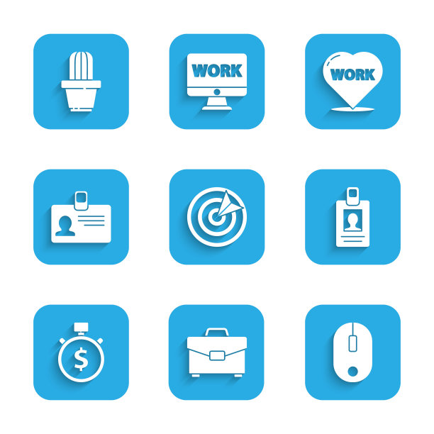 设置目标运动，公文包，电脑鼠标，识别徽章，时间就是金钱，心与文字工作和仙人掌和多肉锅图标。向量图片下载