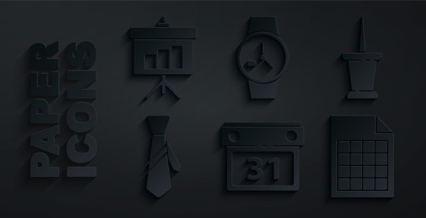 设置日历，推针，领带，文件文件，手表和黑板与图表图标。向量图片下载