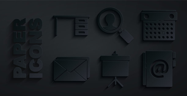 设置黑板与图表，日历，信封，地址簿，放大镜搜索人员和办公桌图标。向量图片下载