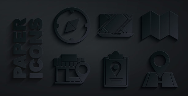 设置折叠地图与位置标记，位置商店，城市导航和指南针图标。向量图片下载