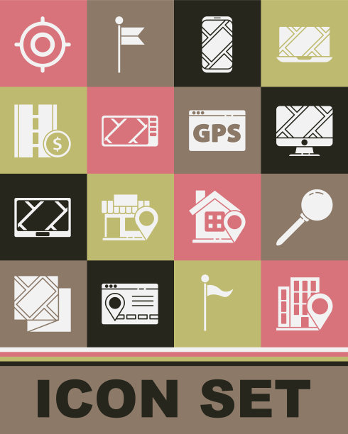 设置位置与房子，推针，监控位置标记，城市地图导航，Gps设备，收费公路交通标志，目标运动和图标。向量图片下载