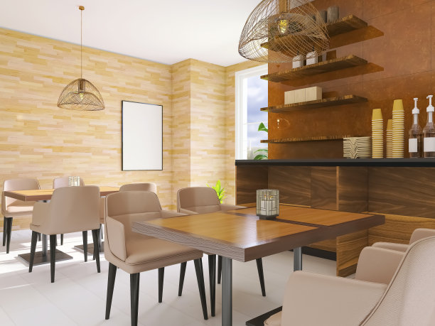 咖啡馆室内3d渲染，3d插图图片下载