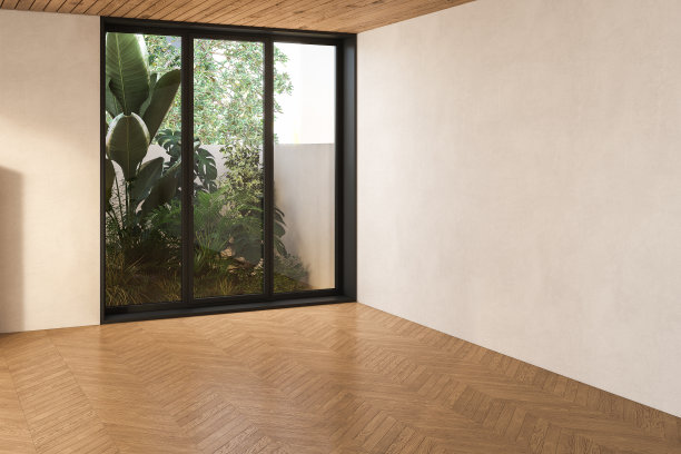现代的阁楼空房间，敞开的门到花园3d渲染房间有拼花地板，木板天花板图片下载