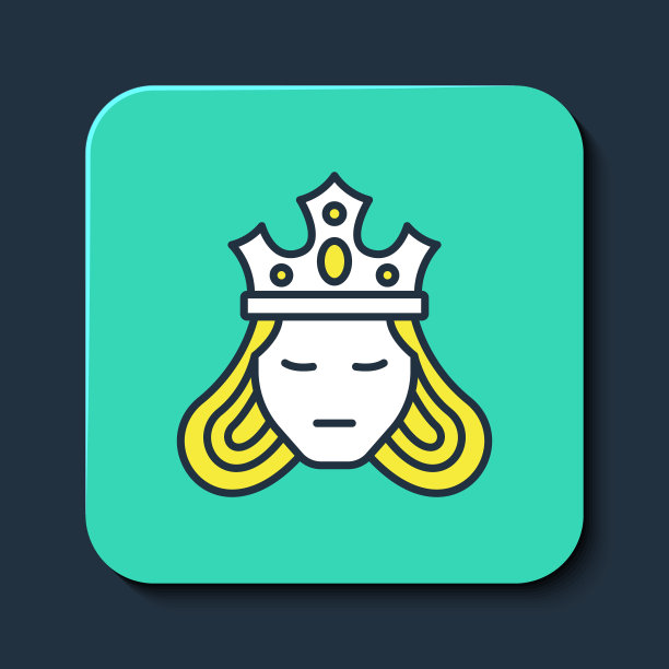 填充轮廓公主或女王戴着她的皇冠图标孤立的蓝色背景。中世纪的夫人。绿松石方形纽扣。向量图片下载