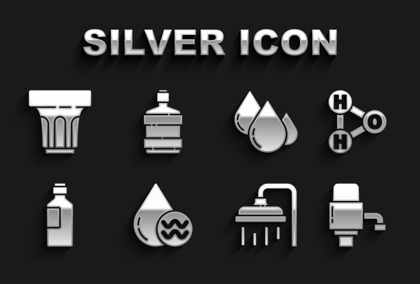设置回收清洁水，H2O化学式，机械泵水，淋浴头，瓶装，水滴，玻璃和大瓶图标。向量图片下载