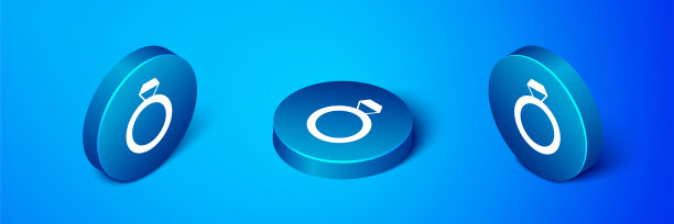 等距结婚戒指图标孤立的蓝色背景。新郎新娘珠宝招牌。婚姻的象征。钻石戒指。蓝色圆圈按钮。向量图片下载