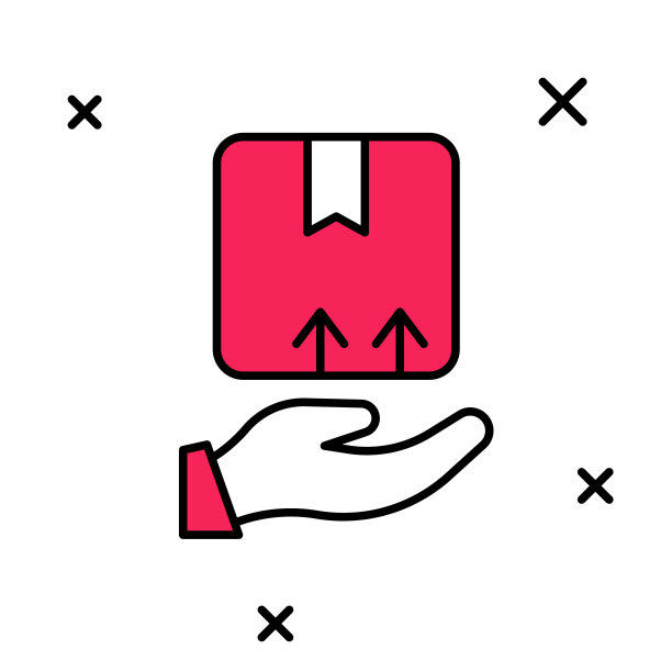 填充轮廓交付手与纸板箱图标隔离在白色背景。由快递员送货上门。向量图片下载