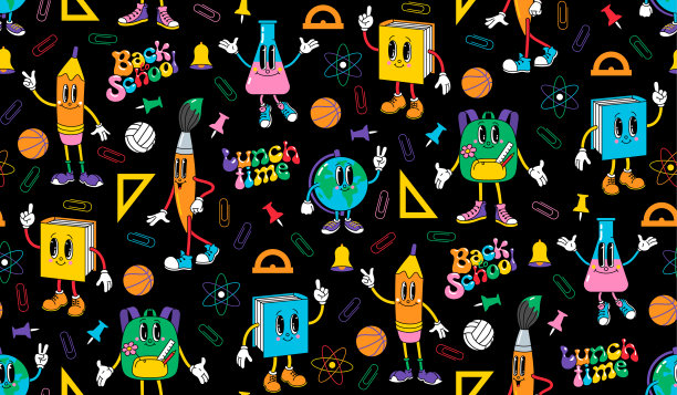 学校汉字无缝图案-地球仪，课本，书本，毛笔，铅笔图片下载