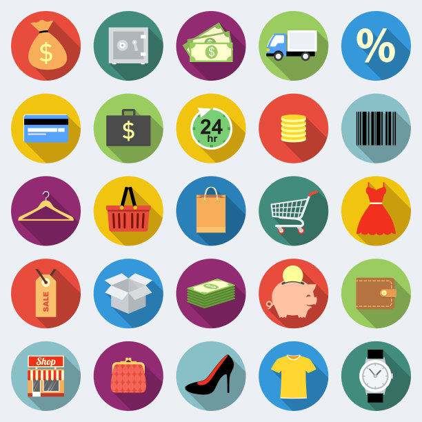 购物图标设置在平面设计与长阴影图片下载