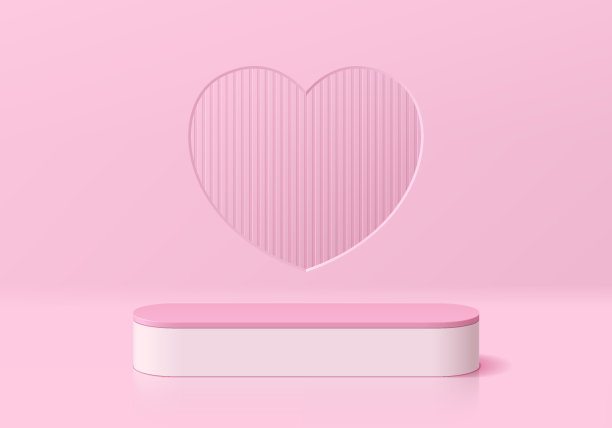 情人节3D背景。现实的粉红色和白色圆柱裙台与垂直图案在心脏窗口的墙壁场景。最小的模型产品展示。抽象的几何平台。舞台展示。图片下载