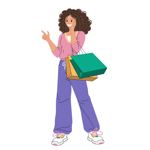 购物狂的女孩与彩色购物袋，折扣和大销售的概念，时尚的平面矢量卡通插图，孤立的白色背景图片下载