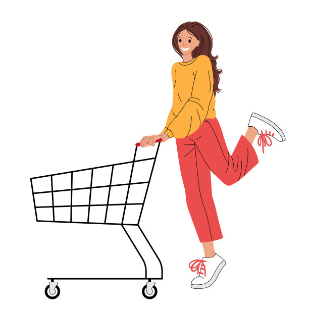 推着购物车的女孩。时尚的平面矢量插图在白色的背景。打折，折扣，购物狂的概念。图片下载