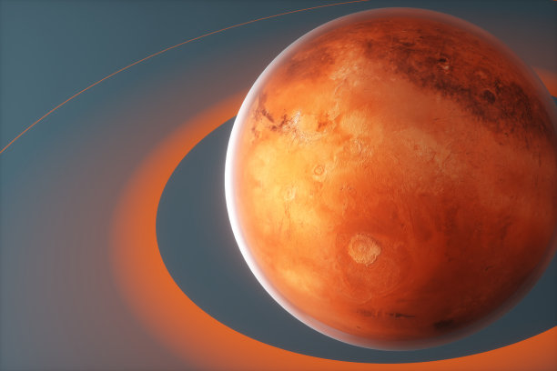 以蓝色背景为轨道的火星。3d渲染图。图片下载