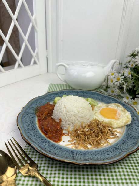 椰奶饭(用椰奶和香兰叶烹制的马来香饭)配以鸡肉、鸡蛋和辣椒酱等调味料，可以作为早餐或午餐食用图片下载