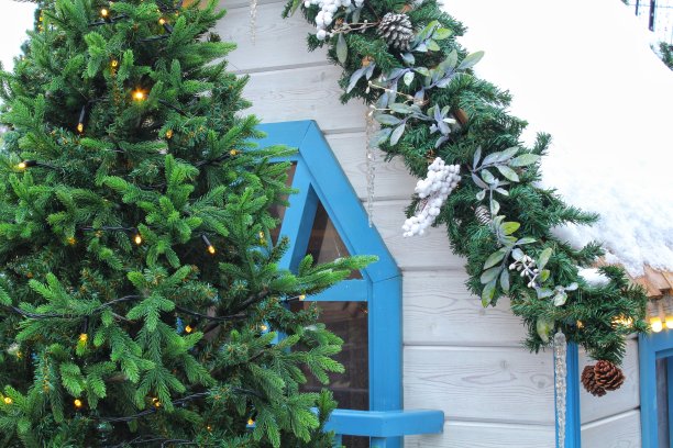 圣诞玄关装饰思路。为节日装饰的房屋入口和窗台。新年冬季前院门面上的节日雪树花环图片下载