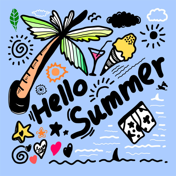 夏季矢量图标在可爱的卡通涂鸦风格。图片下载