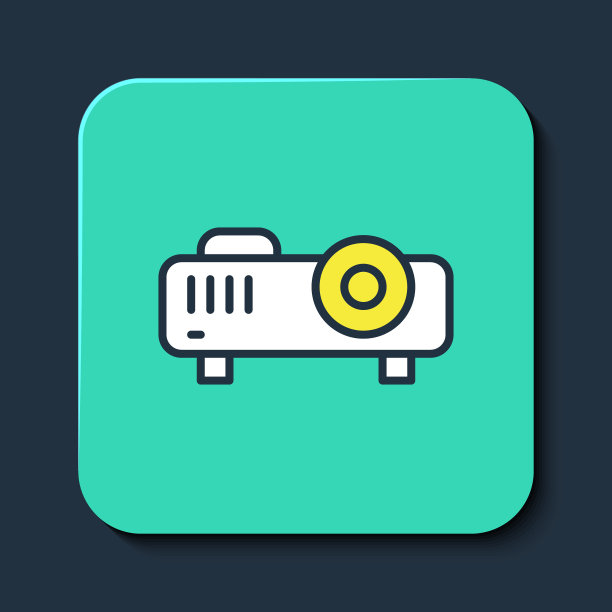 填充轮廓演示，电影，电影，媒体投影仪图标孤立的蓝色背景。绿松石方形纽扣。向量图片下载