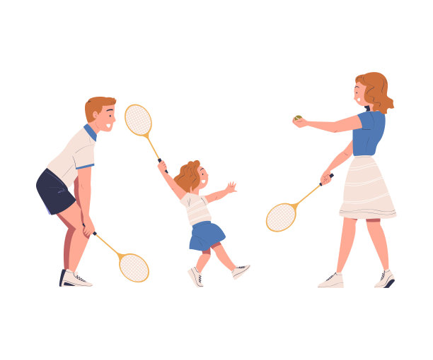幸福的一家人打网球。父母和他们的女儿一起做运动的卡通矢量插图图片下载