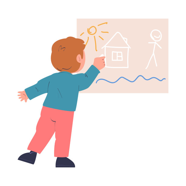 小男孩在墙上画粉笔在幼儿园矢量插图图片下载