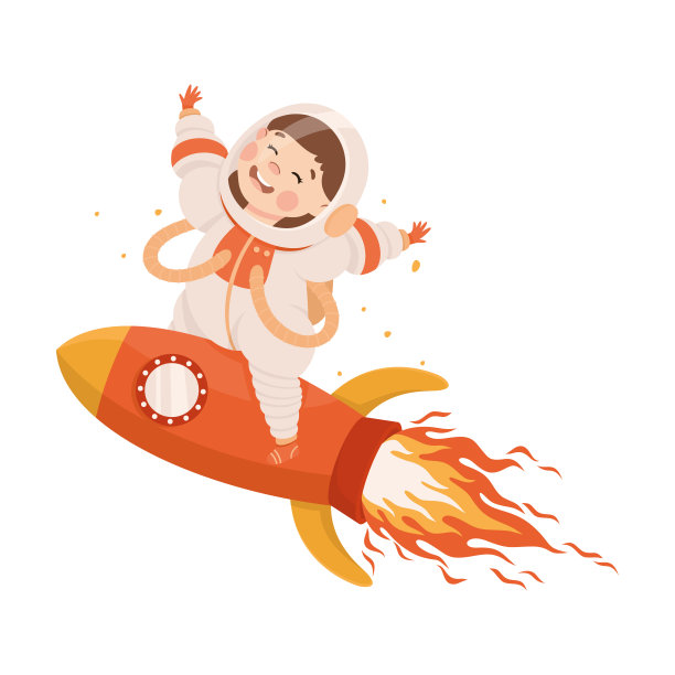 快乐的小孩宇航员在太空服上飞行的火箭在外层空间卡通矢量插图图片下载
