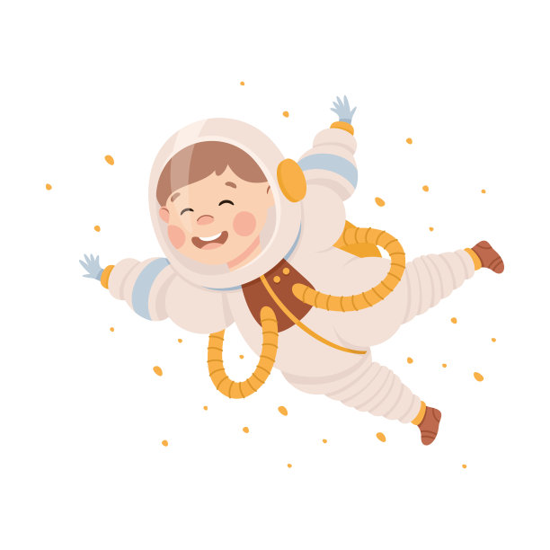 小孩子穿着太空服在太空中飞行。孩子宇航员角色梦想冒险卡通矢量插图图片下载