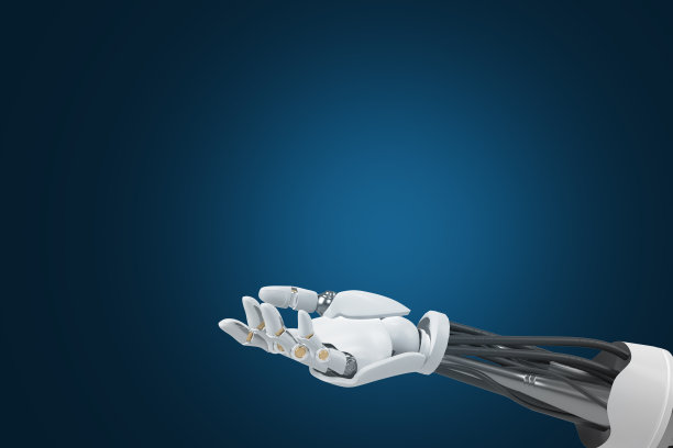机器人手的3d渲染，在蓝色背景下照明，体现了人工智能和技术重塑我们世界的无与伦比的潜力。图片下载