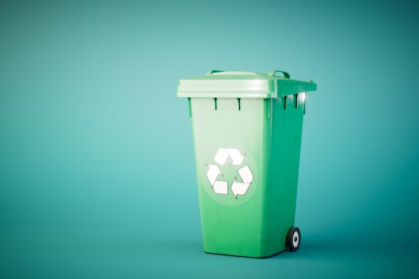 废物回收的概念。一个带有回收图标的垃圾桶。三维渲染图片下载
