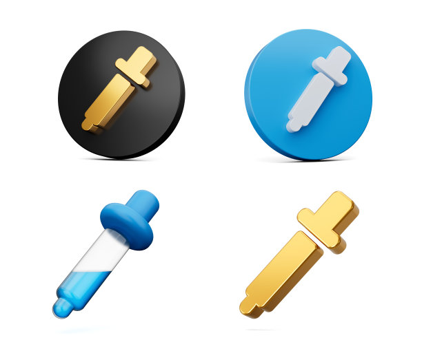 3d不同风格的滴管符号，颜色选择器图形工具与圆形图标3d插图图片下载