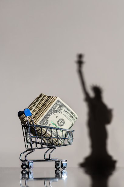 一堆1美元的钞票和自由女神像在墙上的影子图片下载