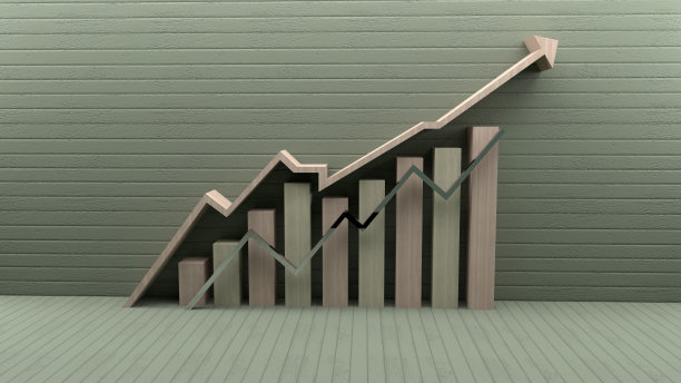 三维图表和趋势图箭头，通过木材和光滑的金属纹理分析金融和股票市场概念。图片下载