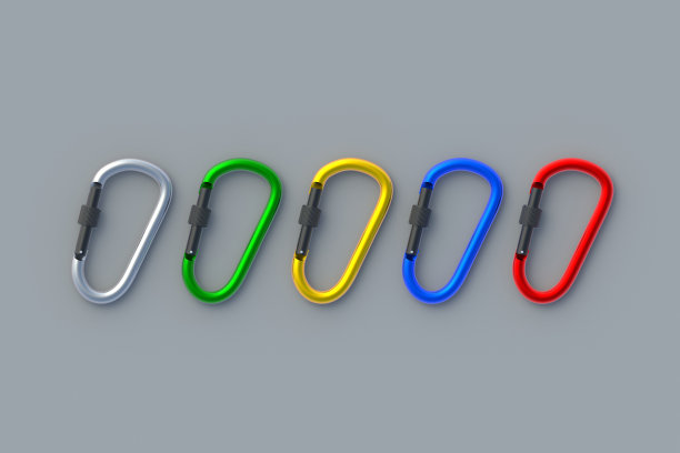 一排钢卡宾枪。登山用的卡宾枪。极限运动的配件。在高海拔工作。前视图。三维渲染图片下载